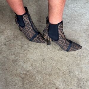 Fendi Brown Monogram Pointed Chelsea Ankle Booties